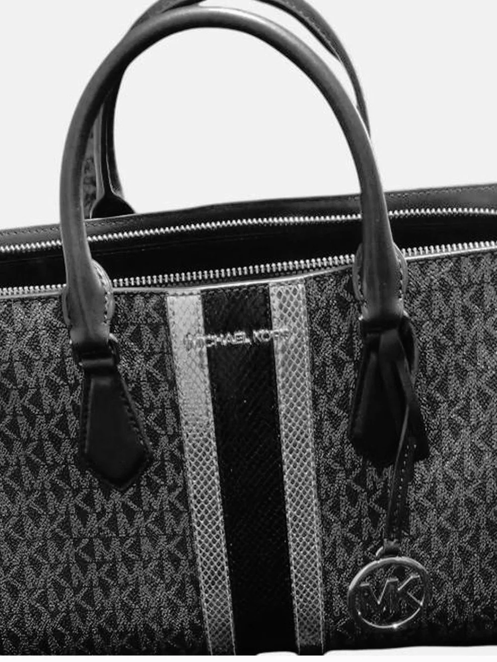 Michael Kors Black and Silver Monogram Sheila medium Bag with center Stripe